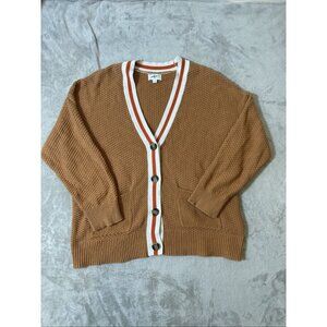 Aerie Waffle Knit Varsity Cardigan Sweater Tan White Orange Trim Size L